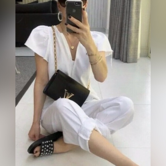 Zara White Rustic Cap Flutter Sleeve Jumpsuit Belted Cotton Summer Sz Small - Picture 10 of 16